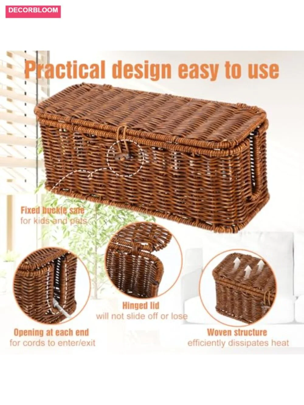 Handmade Rattan Cable Management Box with 2 Slots, Desk Organizer for Home - Picture 2 of 6